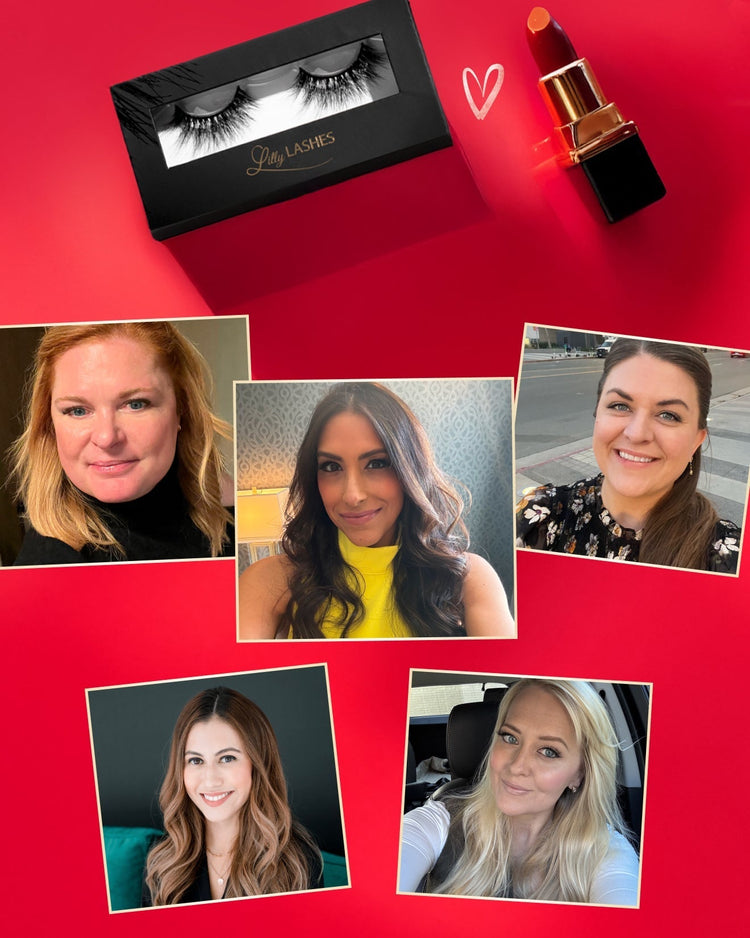 A collage on a red background features a Lilly Lashes box, a red lipstick, and five portrait-style photos of women