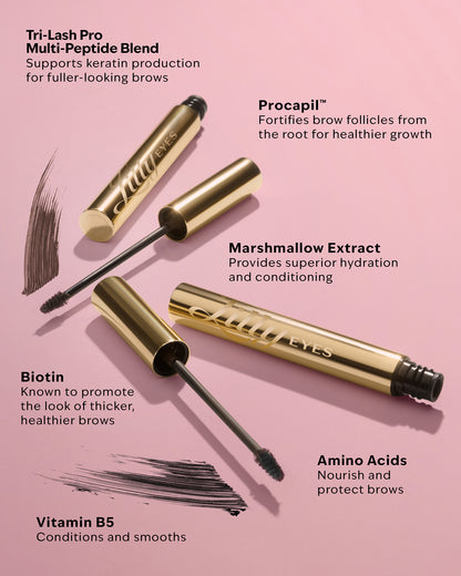 Eyebrow gel with product ingredient details on a pink background