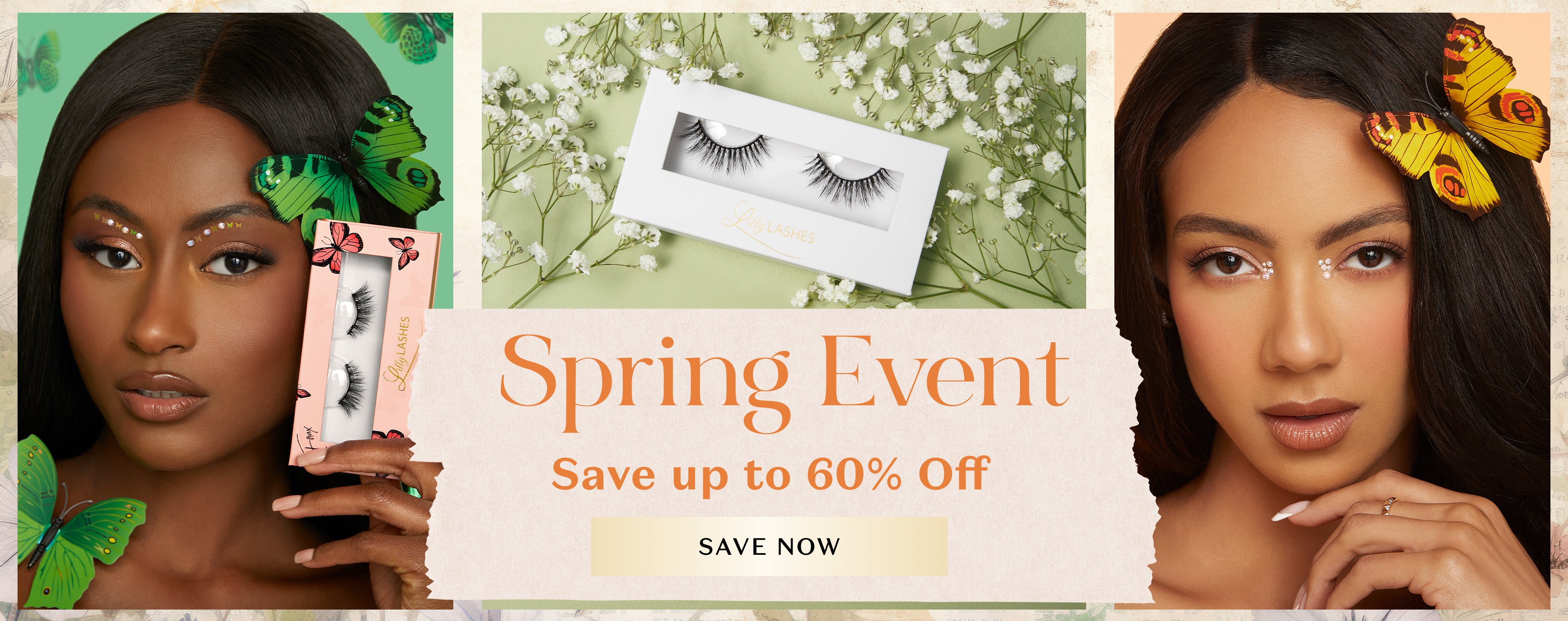 Promotional banner for a spring beauty event featuring two women with flawless makeup and butterfly accessories in their hair, showcasing luxurious false eyelashes. One woman holds a box of lashes. Above them is a close-up of a lash box surrounded by white flowers. Text on the banner reads: "Spring Event — Save up to 60% Off." A button below says "Save Now."