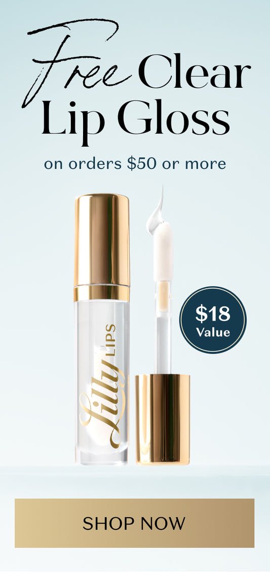 Lip gloss with promotional text on a light blue background